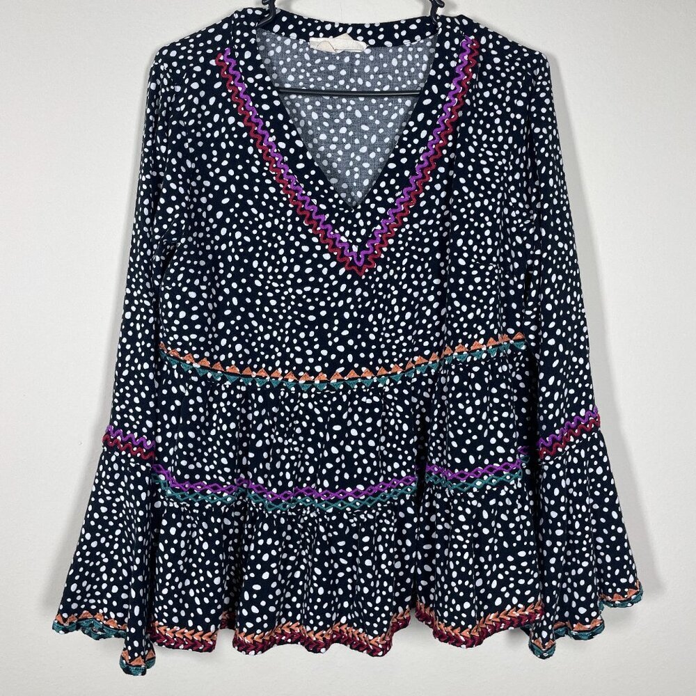 Savanna Jane L Blouse Embroidered Polka Dot Bell Sleeve V-Neck Peplum Top!
